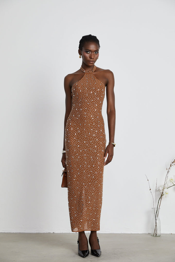 Levoire | Robe Maxi Bodycon À Dos Nu Ornée De Brun