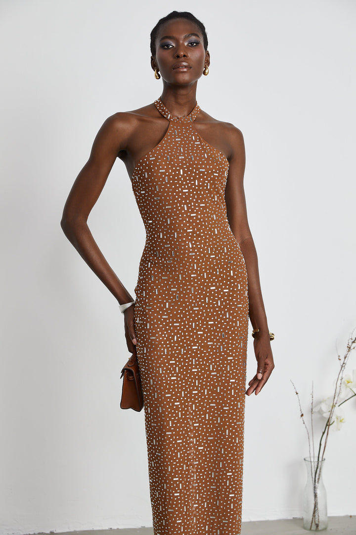 Levoire | Robe Maxi Bodycon À Dos Nu Ornée De Brun
