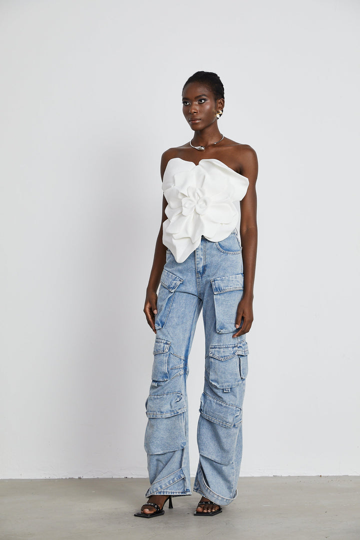 Levoire | Blanc Fleurs Top Épaules Dégagées