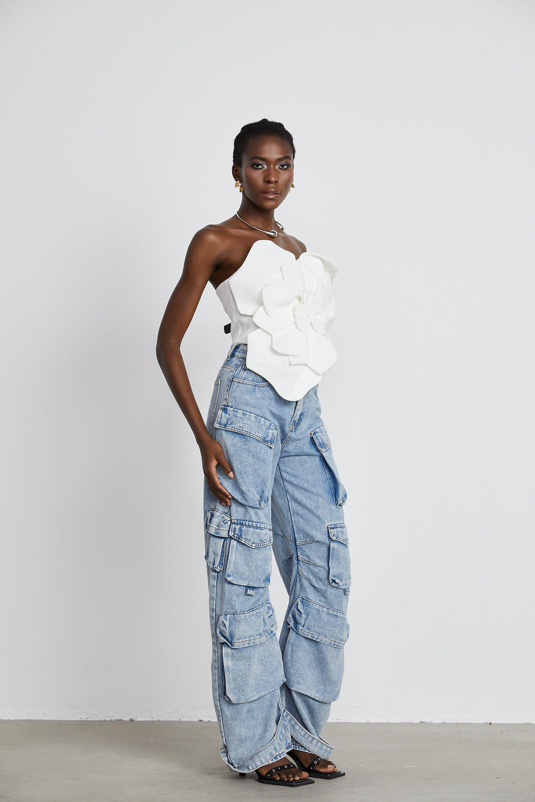 Levoire | Blanc Fleurs Top Épaules Dégagées