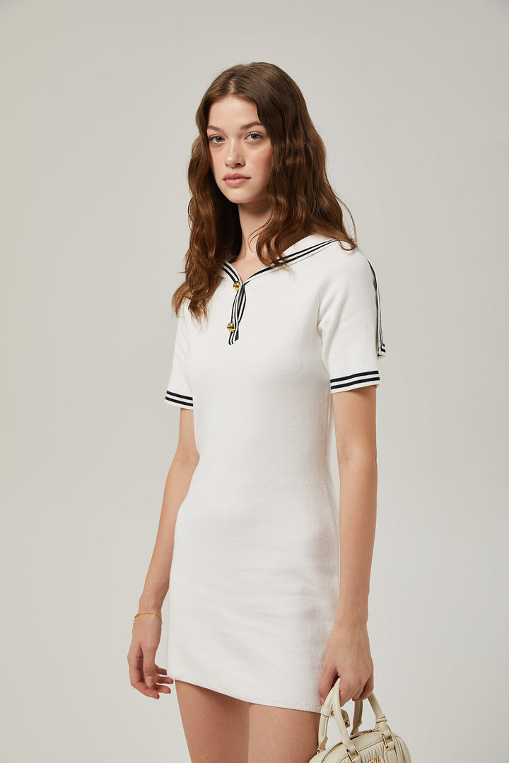 Levoire | Col Bateau Coton Manches Courtes Robe Mini