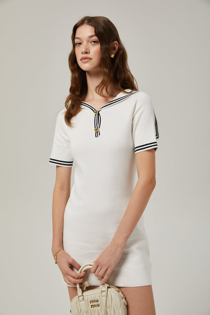 Levoire | Col Bateau Coton Manches Courtes Robe Mini