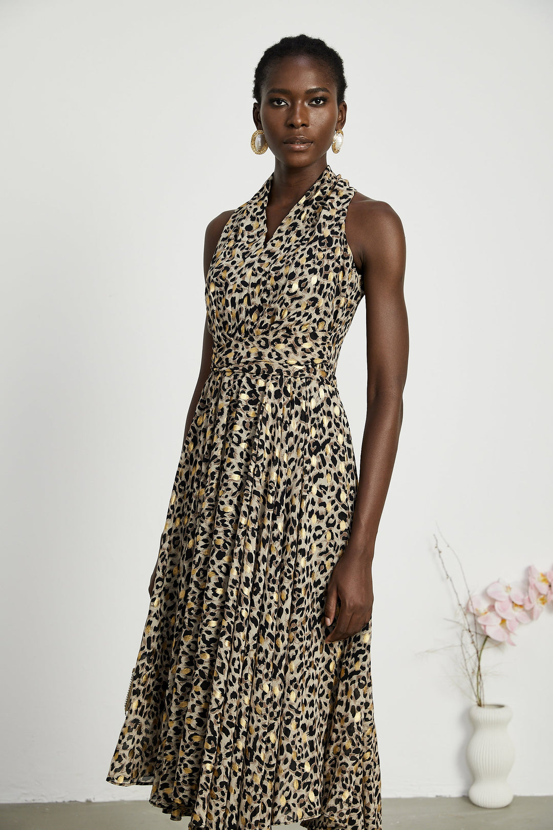 Levoire | V-Décolleté Imprimé Léopard Robe Midi