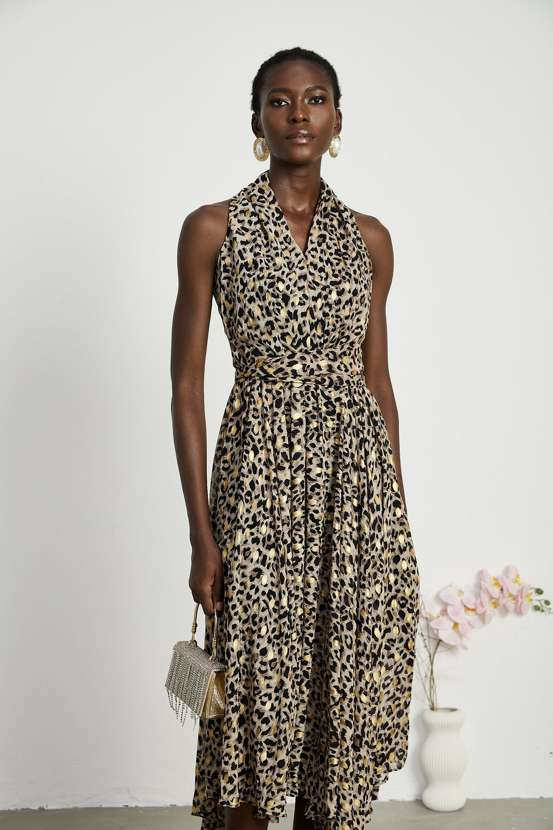 Levoire | V-Décolleté Imprimé Léopard Robe Midi