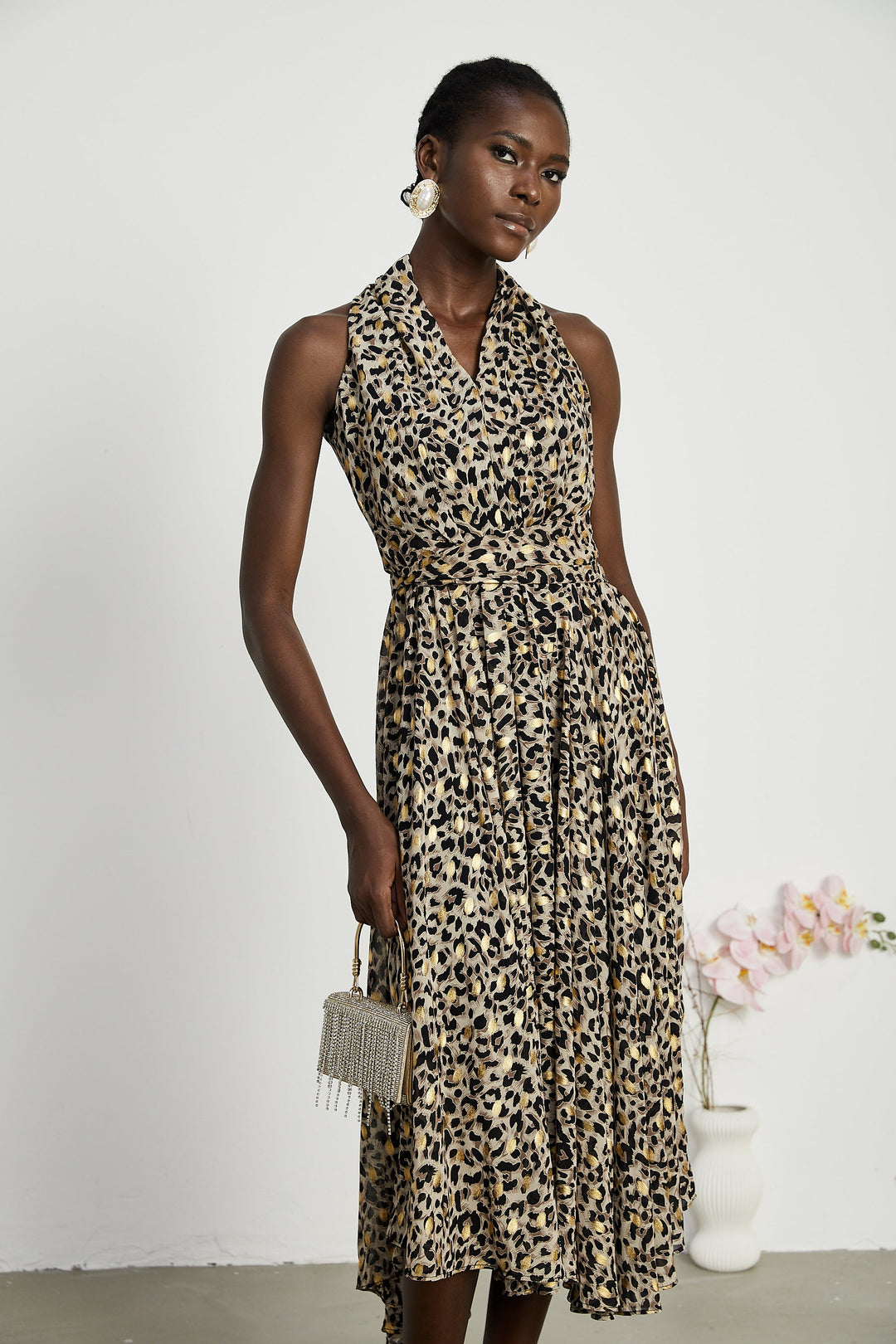 Levoire | V-Décolleté Imprimé Léopard Robe Midi
