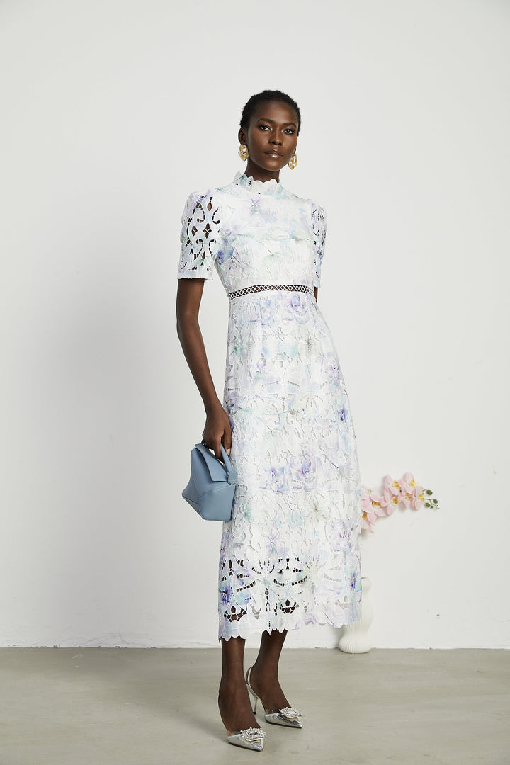 Levoire | Robe Midi À Encolure En Dentelle Imprimé Floral