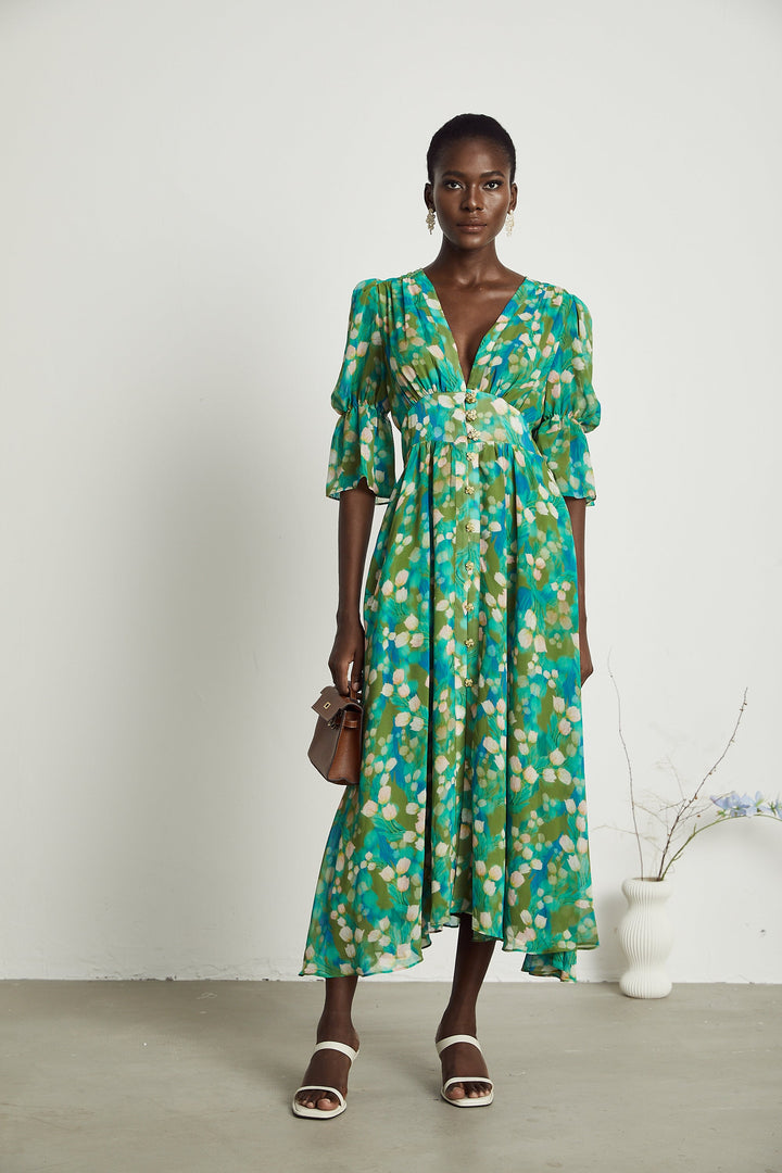 Levoire | Robe Midi À Motifs De Fleurs Vertes