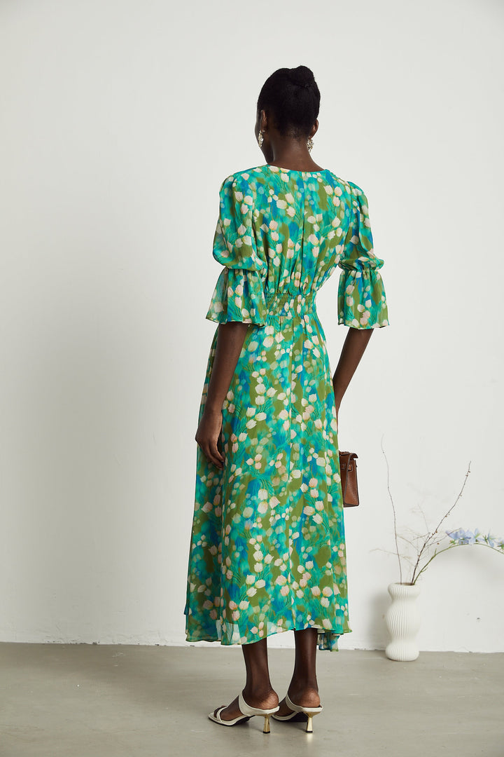 Levoire | Robe Midi À Motifs De Fleurs Vertes