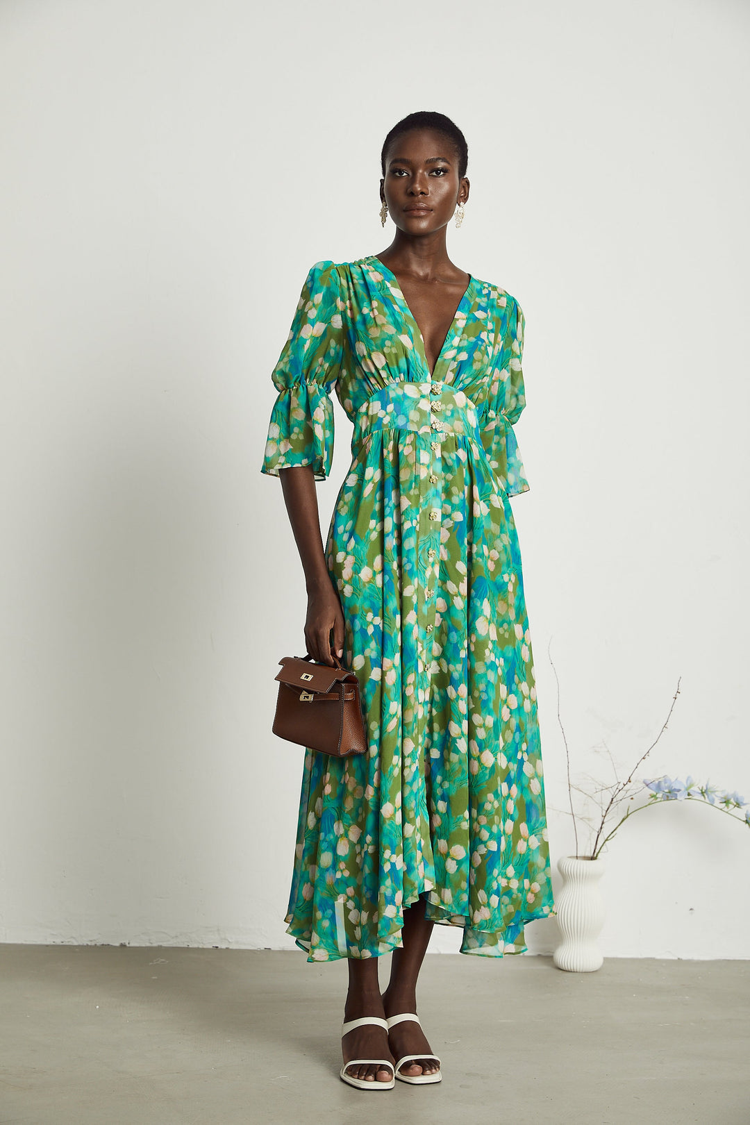 Levoire | Robe Midi À Motifs De Fleurs Vertes