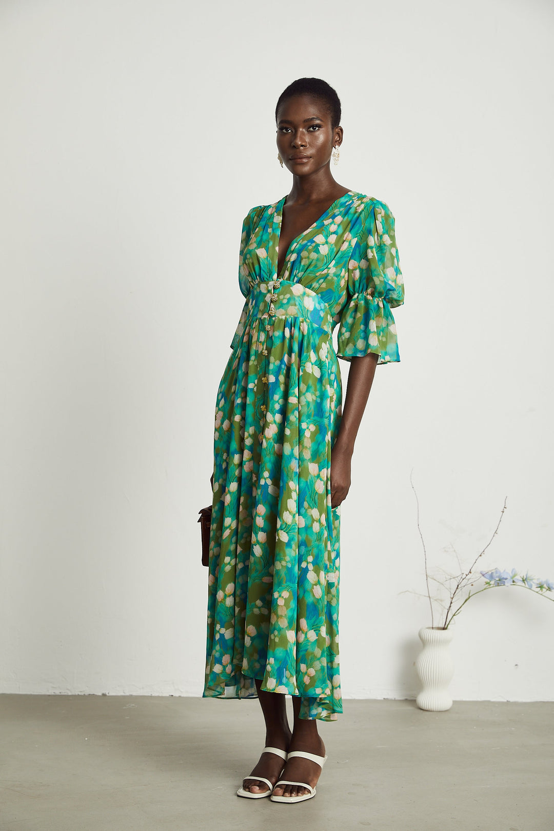 Levoire | Robe Midi À Motifs De Fleurs Vertes