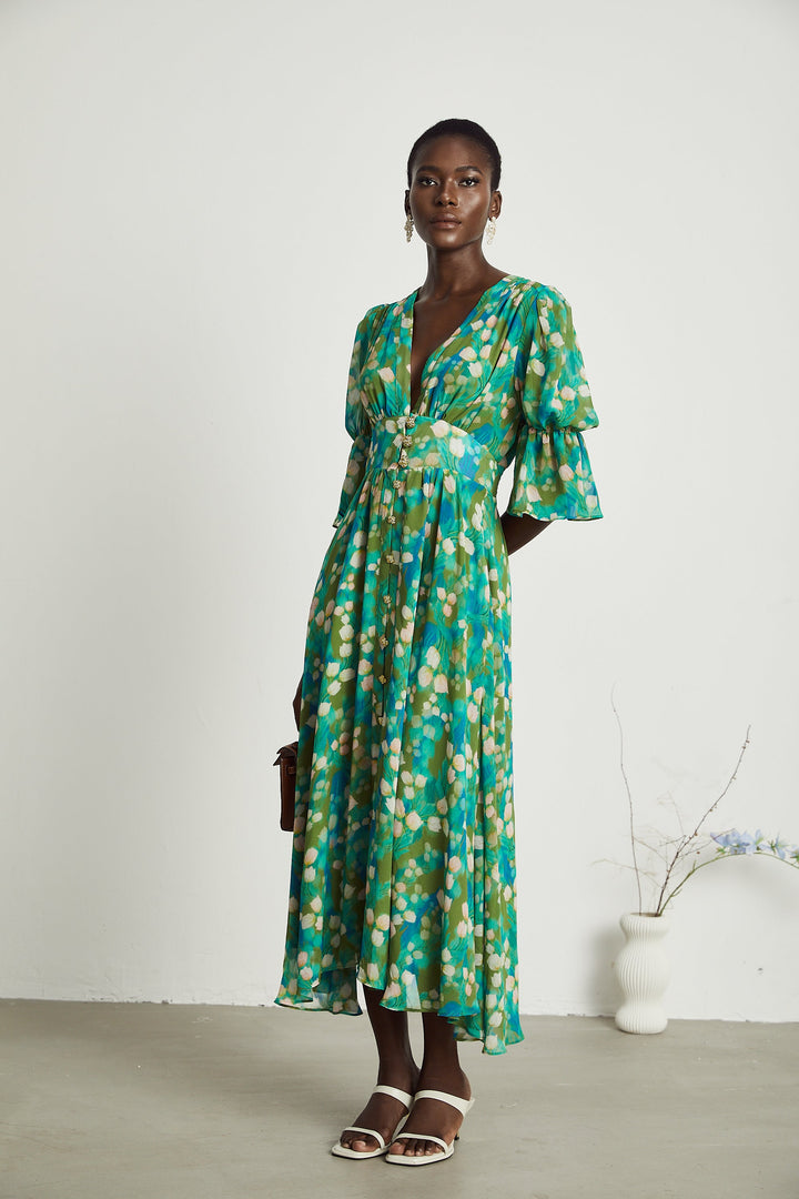Levoire | Robe Midi À Motifs De Fleurs Vertes