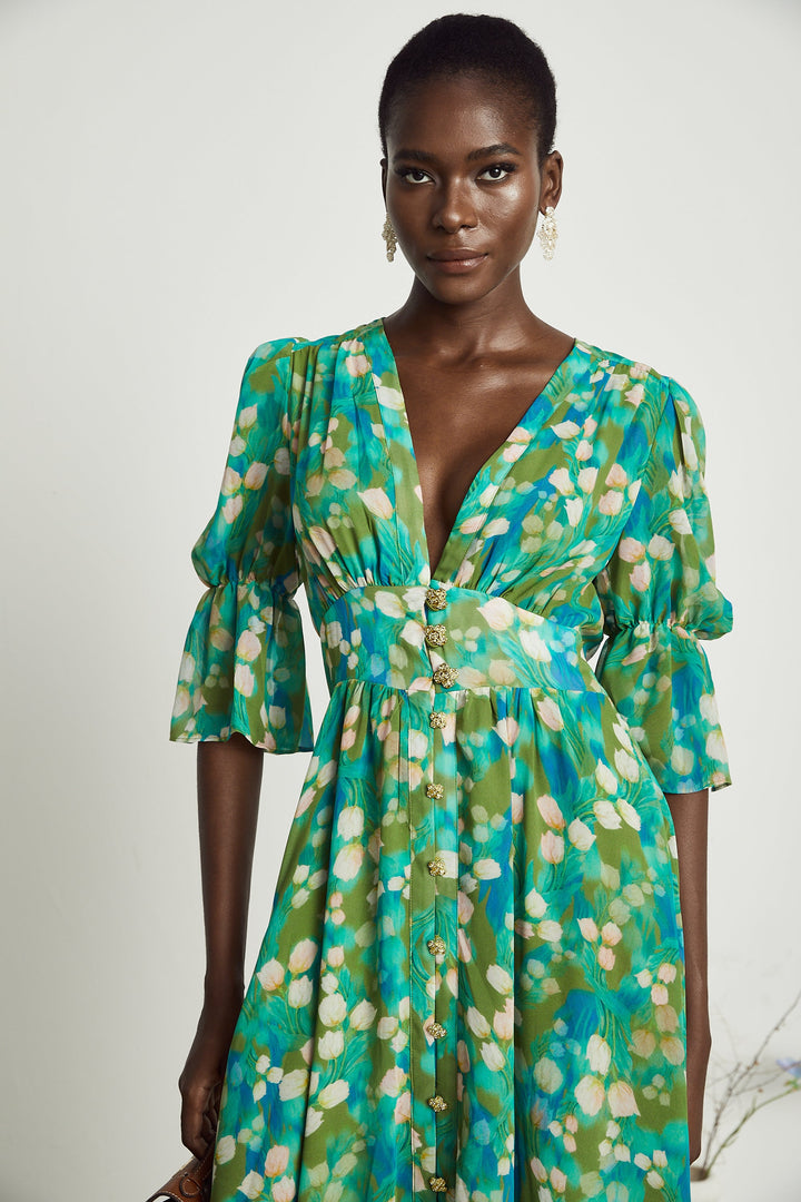 Levoire | Robe Midi À Motifs De Fleurs Vertes