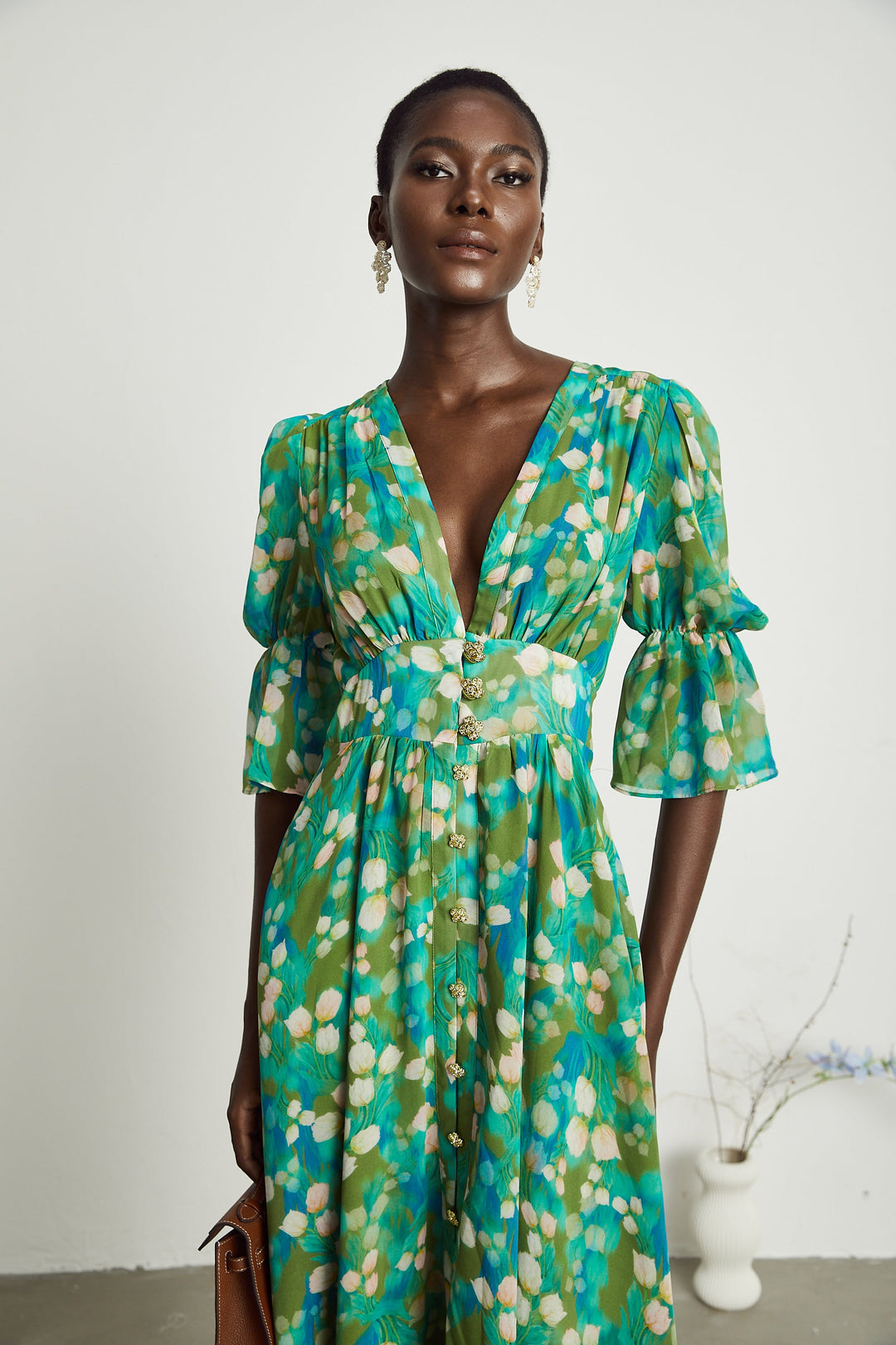 Levoire | Robe Midi À Motifs De Fleurs Vertes