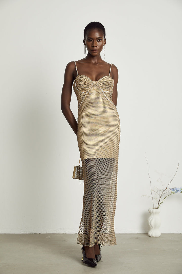 Levoire | Robe Midi En Or Ornée De Cristaux