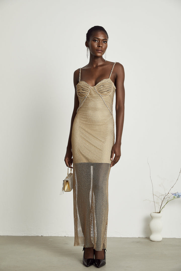 Levoire | Robe Midi En Or Ornée De Cristaux