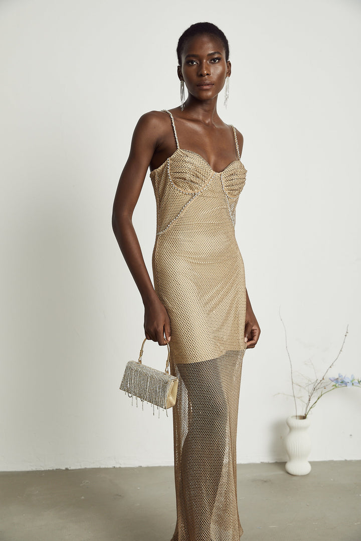 Levoire | Robe Midi En Or Ornée De Cristaux