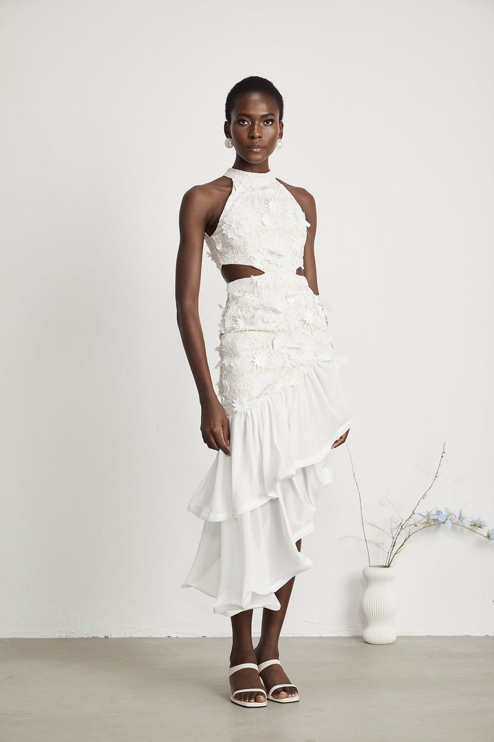 Levoire | Fausse Fleurs Robe Midi Asymétrique