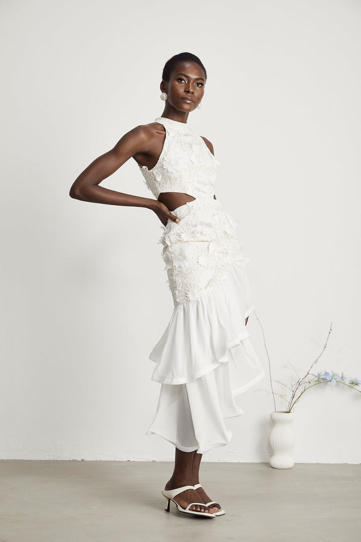 Levoire | Fausse Fleurs Robe Midi Asymétrique