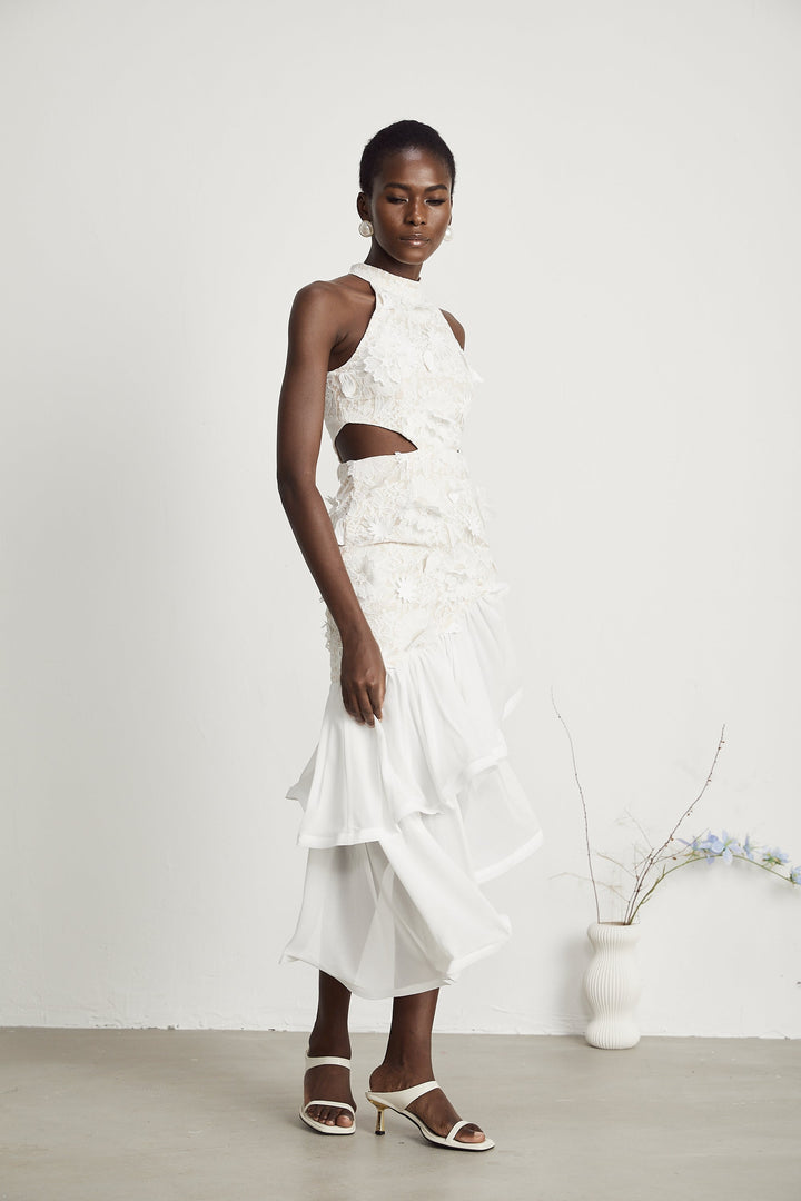 Levoire | Fausse Fleurs Robe Midi Asymétrique