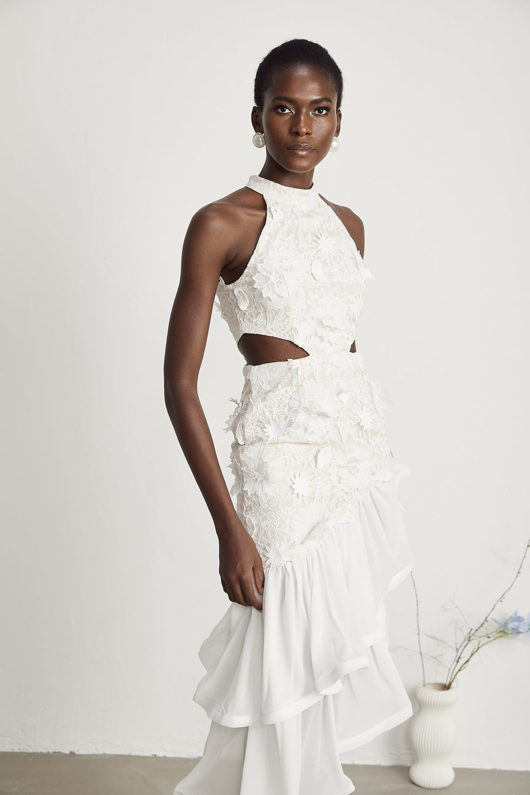 Levoire | Fausse Fleurs Robe Midi Asymétrique