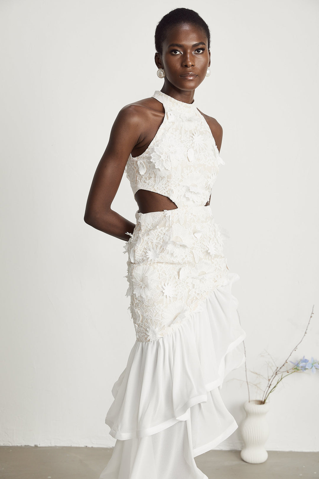 Levoire | Fausse Fleurs Robe Midi Asymétrique