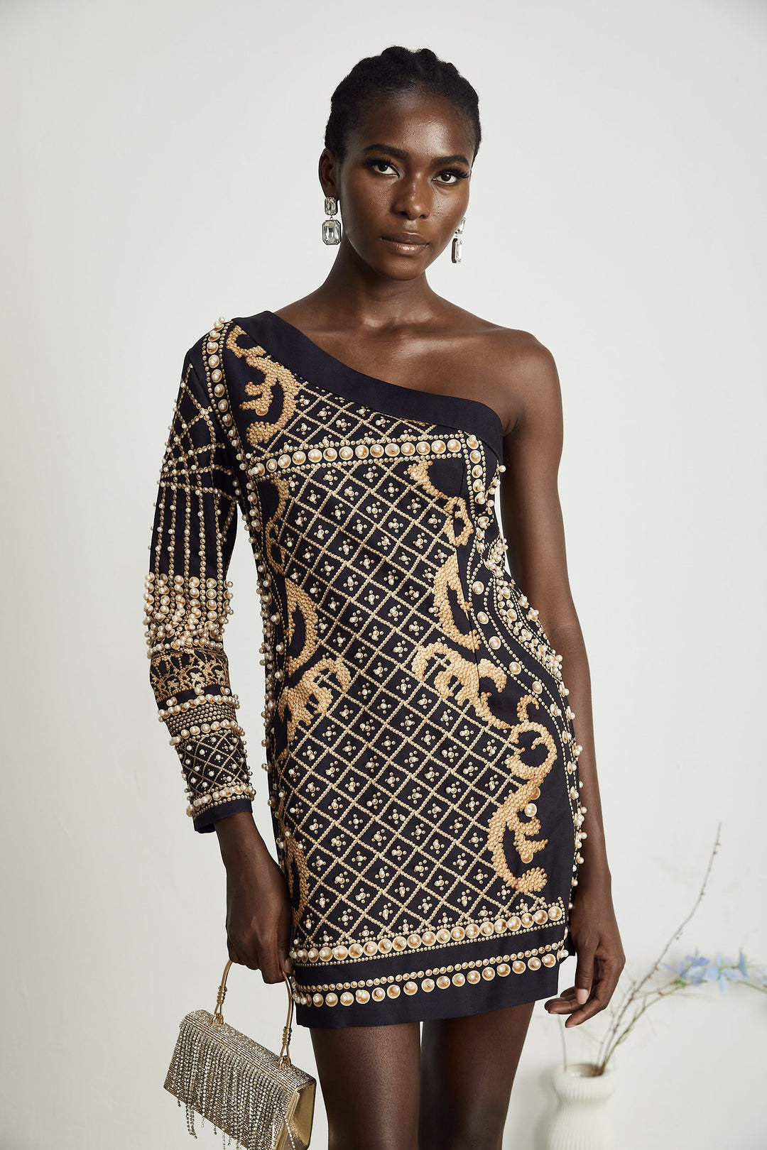 Levoire | Mono Épaule Faux Perle Mini Robe