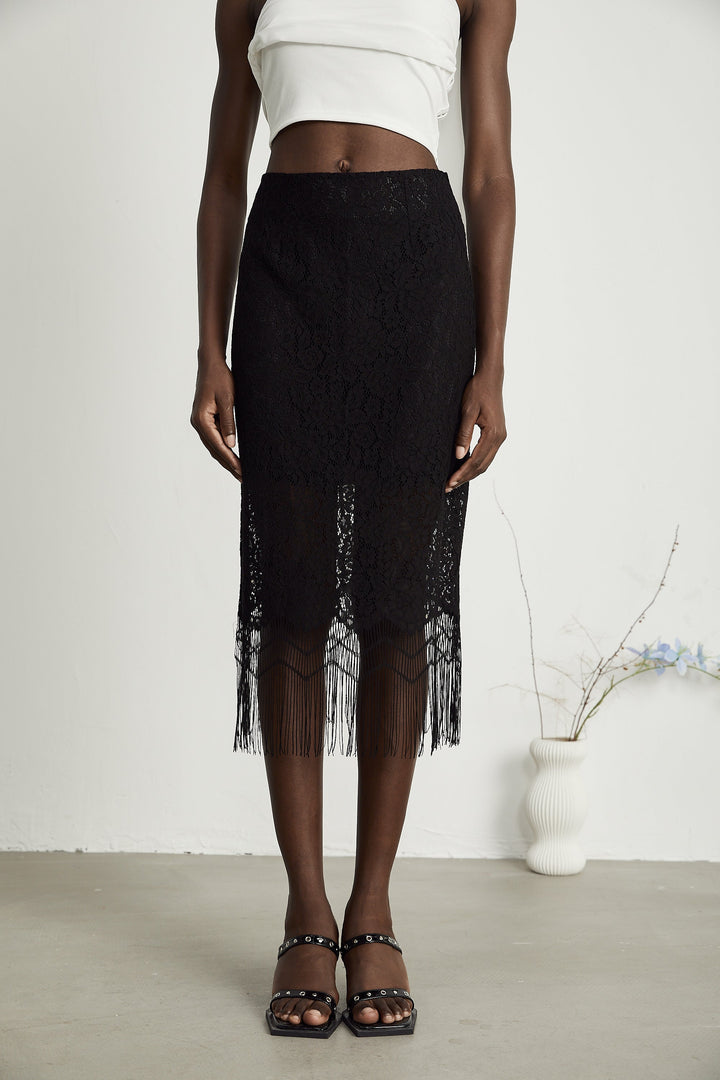 Levoire | Dentelle Brodée Franges Ourlet Jupe