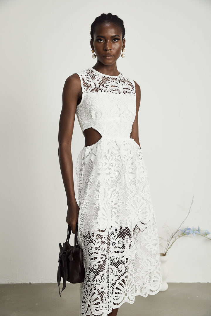 Levoire | Guipure Dentelle Robe Midi Sans Manches
