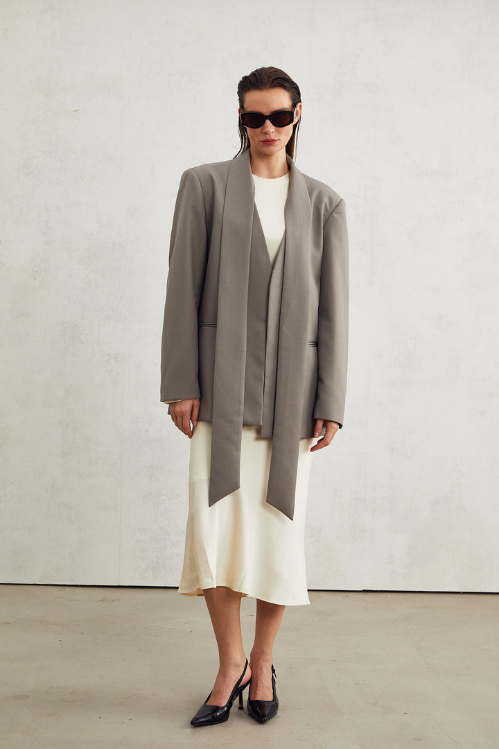 Levoire | Veste Bleue À Col Gris Sans Col À Décolleté En V