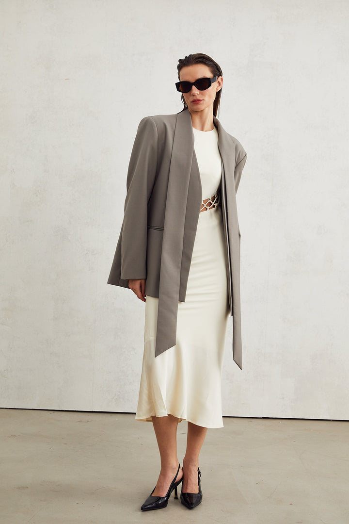 Levoire | Veste Bleue À Col Gris Sans Col À Décolleté En V