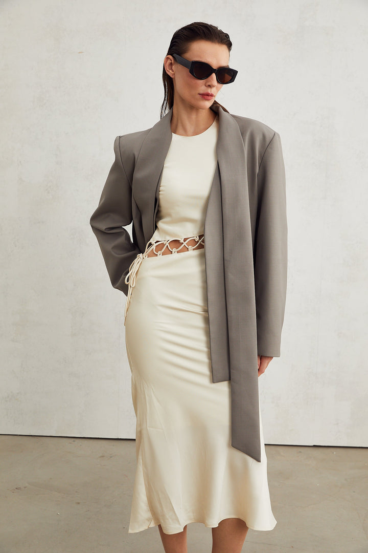 Levoire | Veste Bleue À Col Gris Sans Col À Décolleté En V