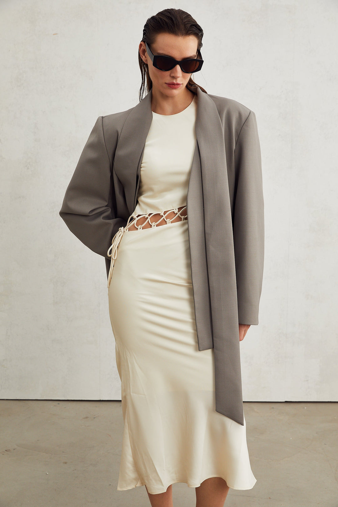 Levoire | Veste Bleue À Col Gris Sans Col À Décolleté En V