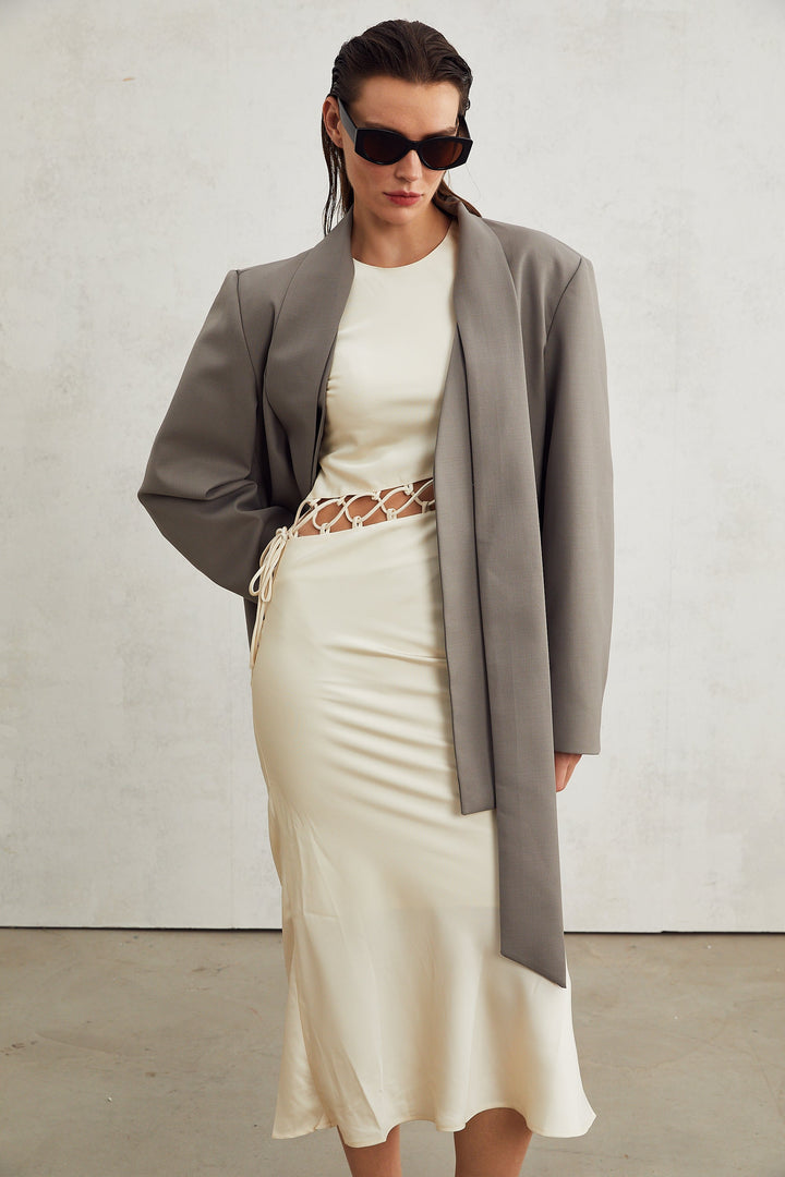 Levoire | Veste Bleue À Col Gris Sans Col À Décolleté En V