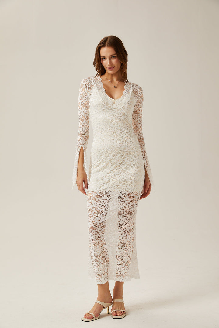Levoire | Robe Midi Transparente Blanche En Dentelle