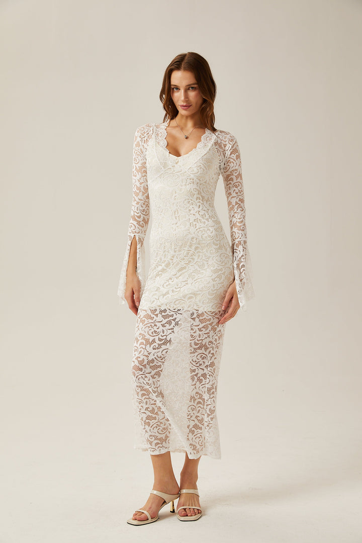 Levoire | Robe Midi Transparente Blanche En Dentelle