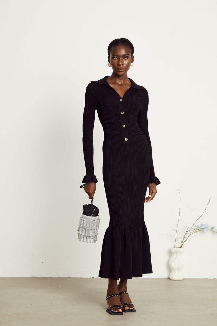 Levoire | Robe Midi Noire À Vagues