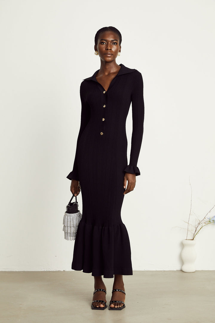 Levoire | Robe Midi Noire À Vagues