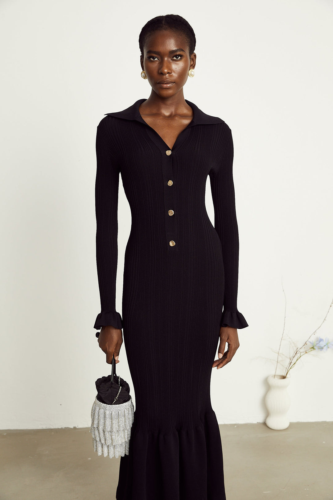 Levoire | Robe Midi Noire À Vagues