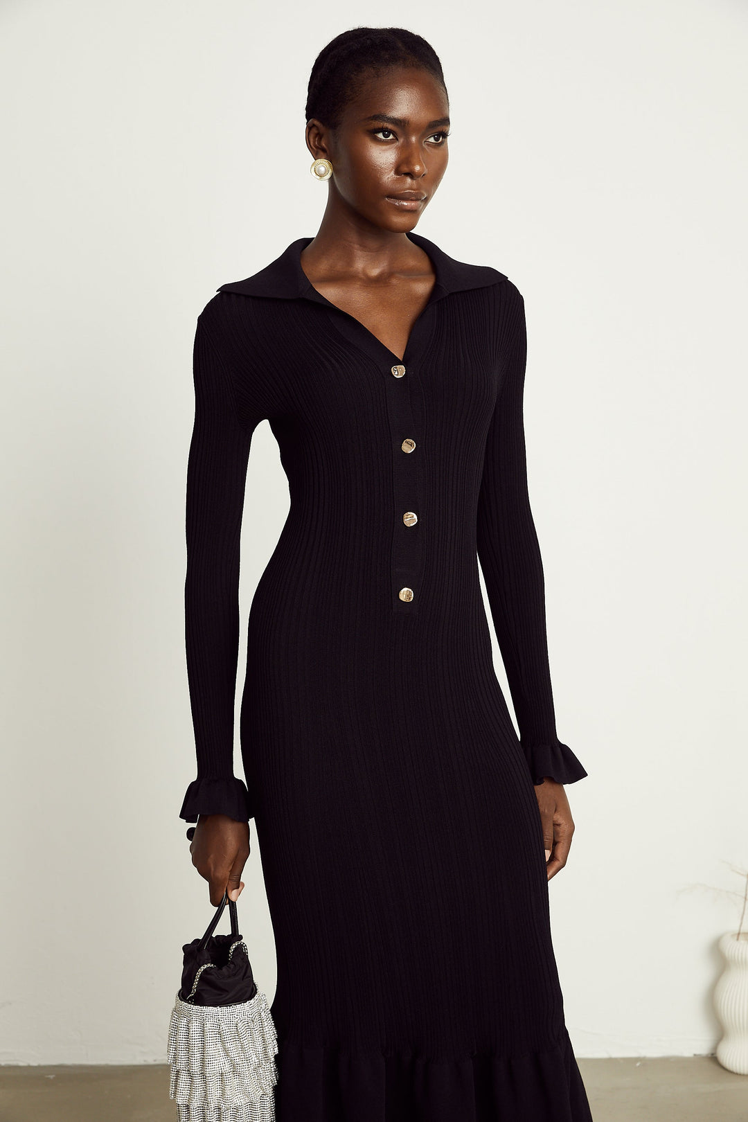 Levoire | Robe Midi Noire À Vagues