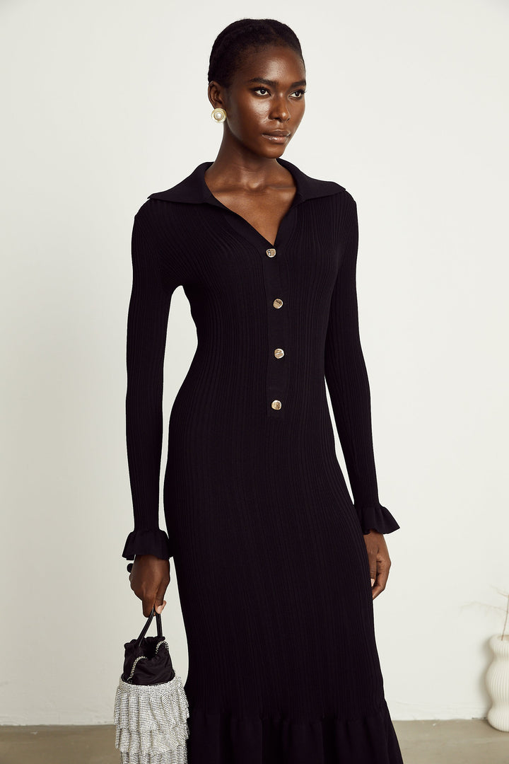 Levoire | Robe Midi Noire À Vagues
