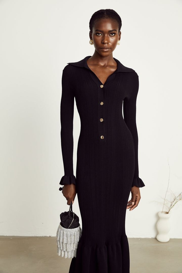Levoire | Robe Midi Noire À Vagues