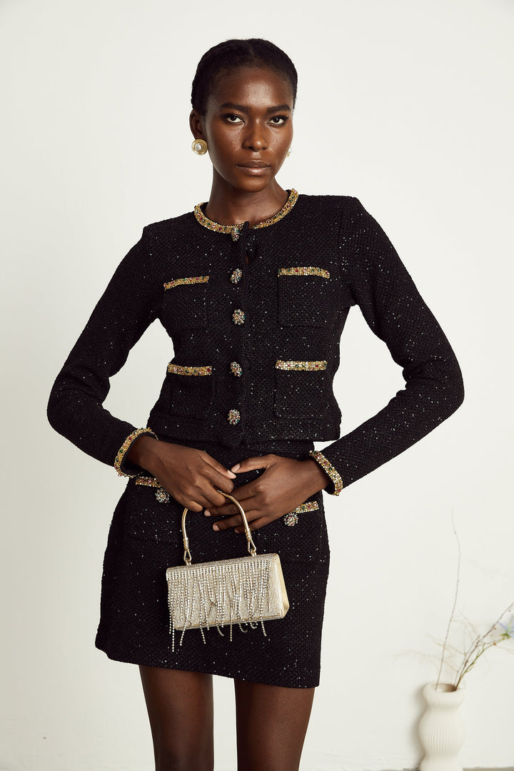 Levoire | Veste En Tweed Noire À Paillettes Et Ensemble Jupe Assortie