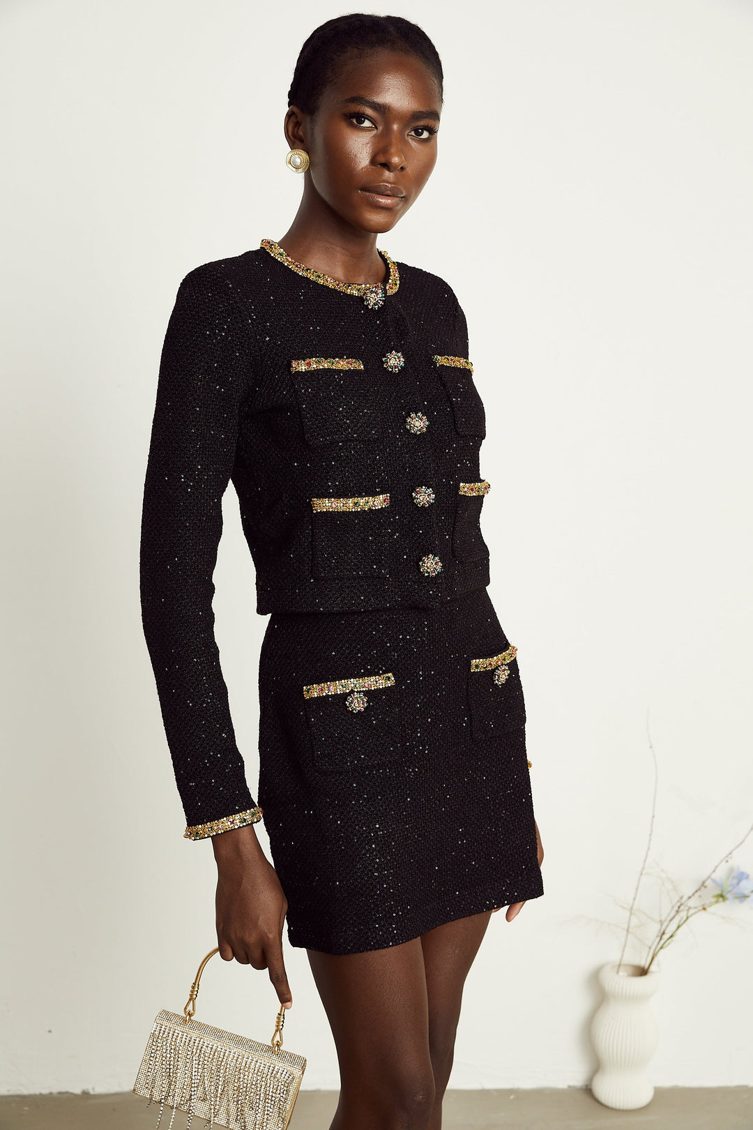 Levoire | Veste En Tweed Noire À Paillettes Et Ensemble Jupe Assortie