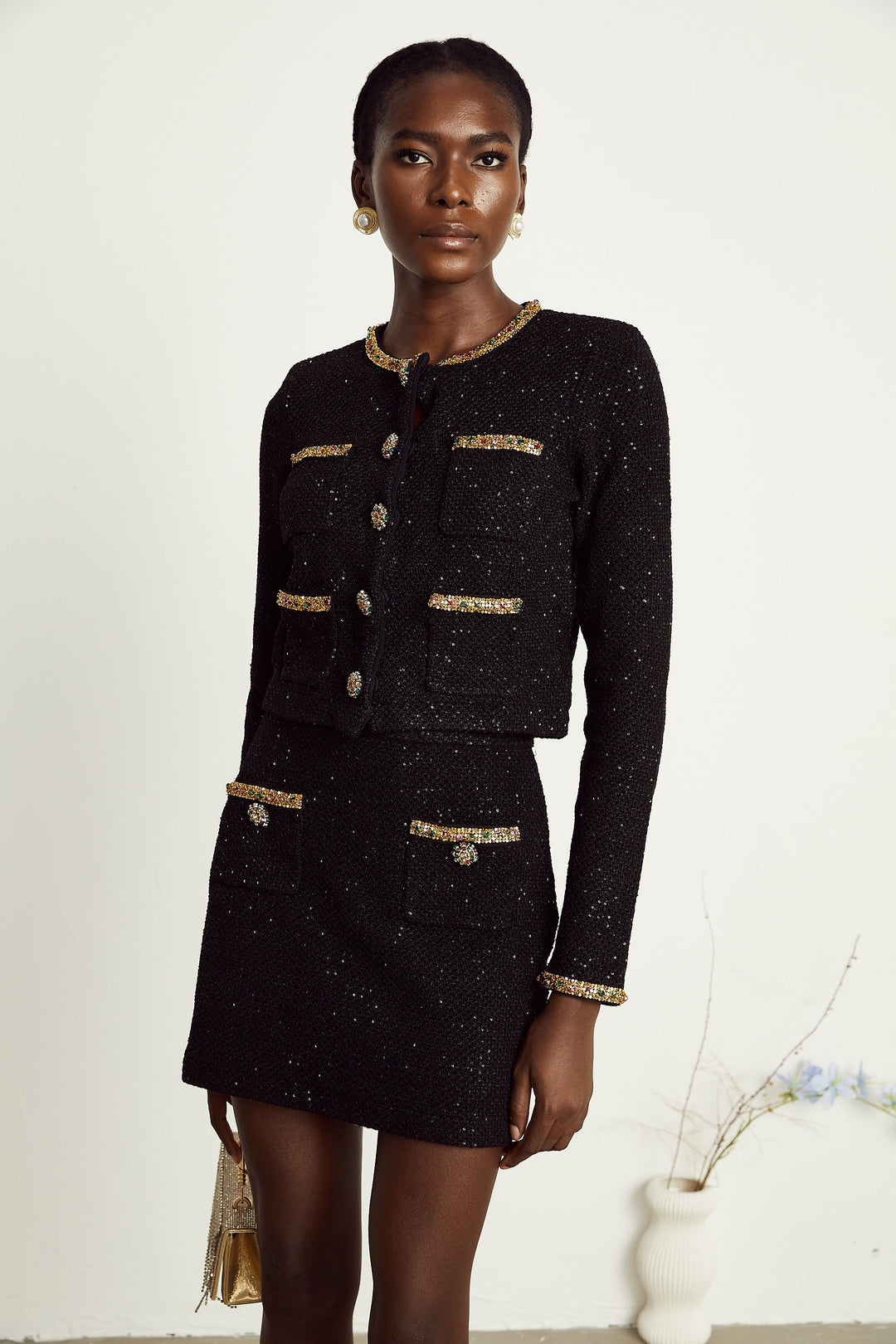 Levoire | Veste En Tweed Noire À Paillettes Et Ensemble Jupe Assortie