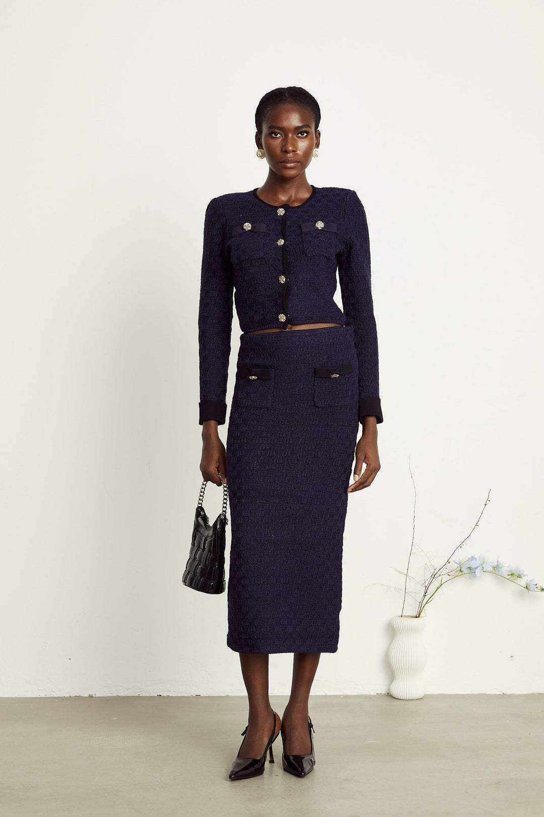 Levoire | Veste À Motif Carreaux Bleu Marine Et Jupe Ensemble Assorti