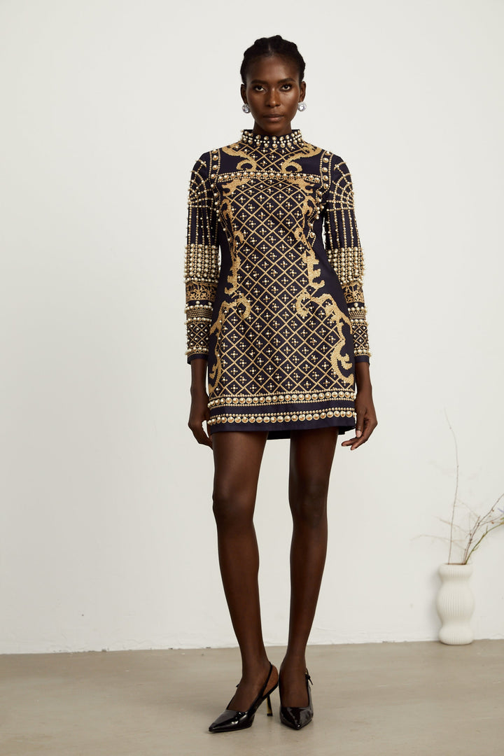 Levoire | Faux Perle Manches Longues Mini Robe