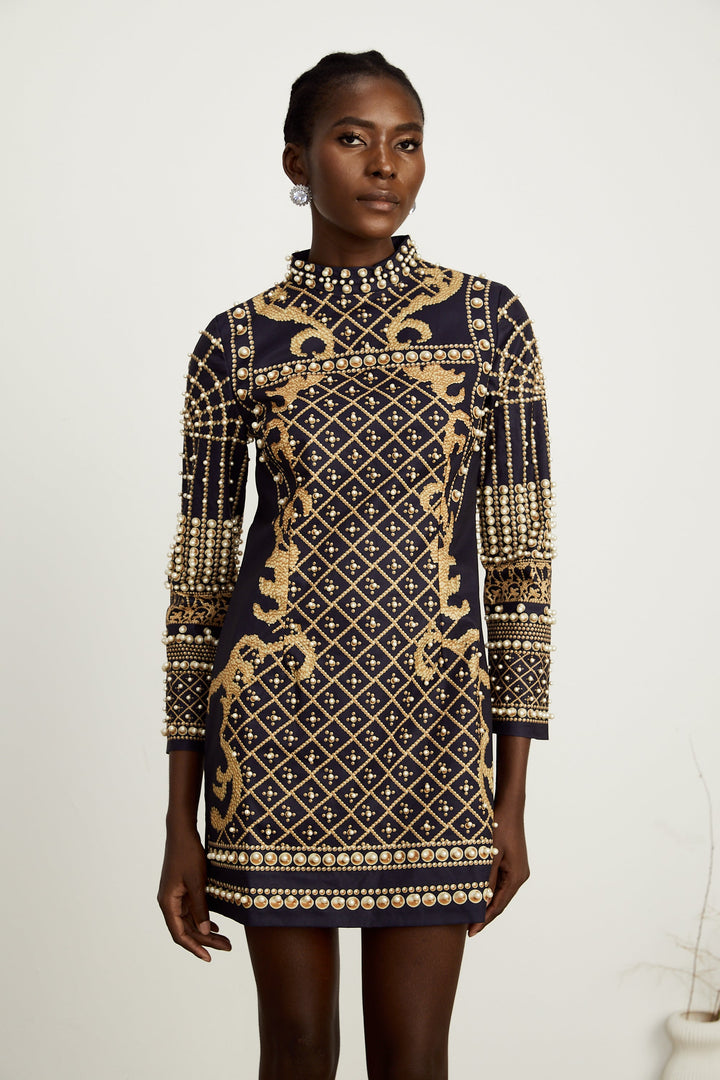 Levoire | Faux Perle Manches Longues Mini Robe