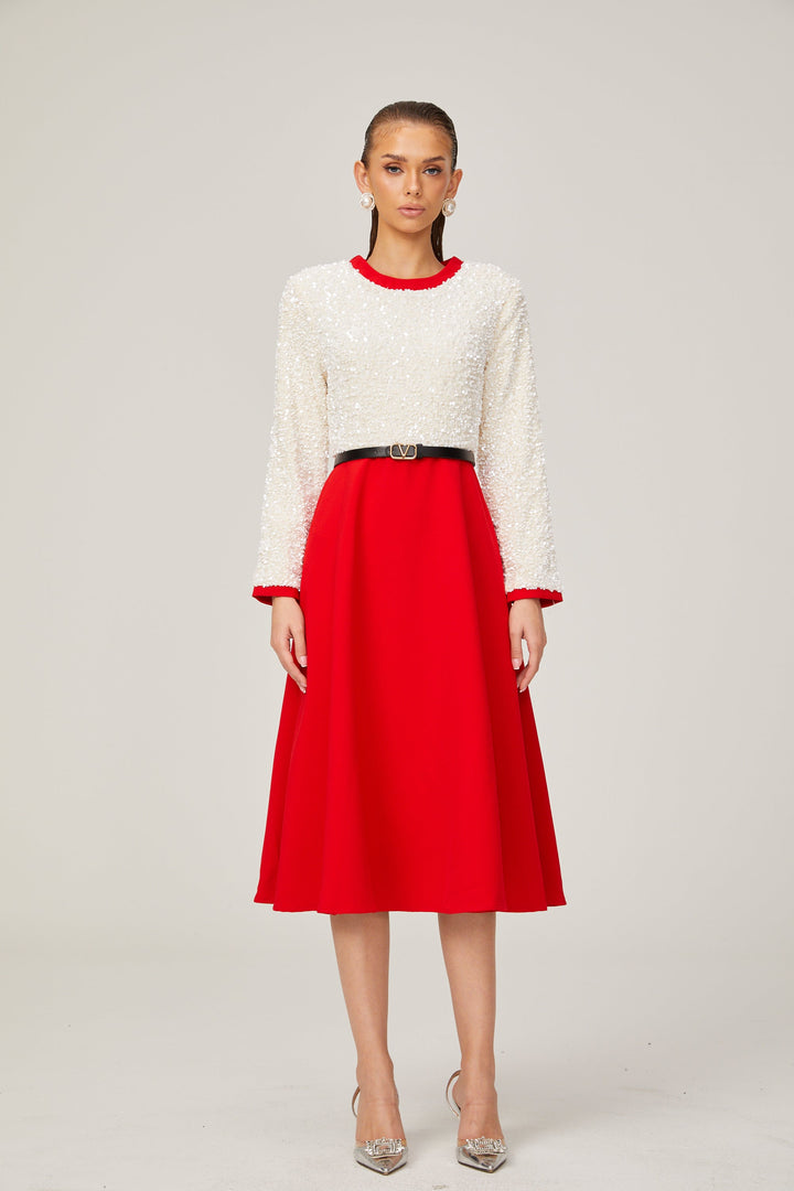 Levoire | Chloé Rouge Manches Longues Paillettes Patchwork Midi Robe