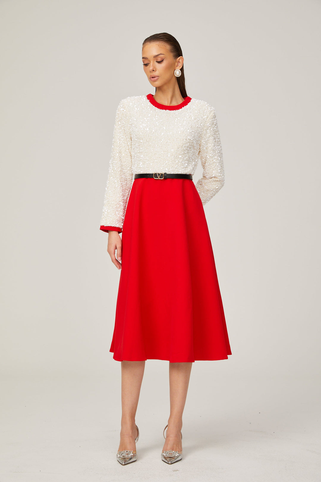 Levoire | Chloé Rouge Manches Longues Paillettes Patchwork Midi Robe