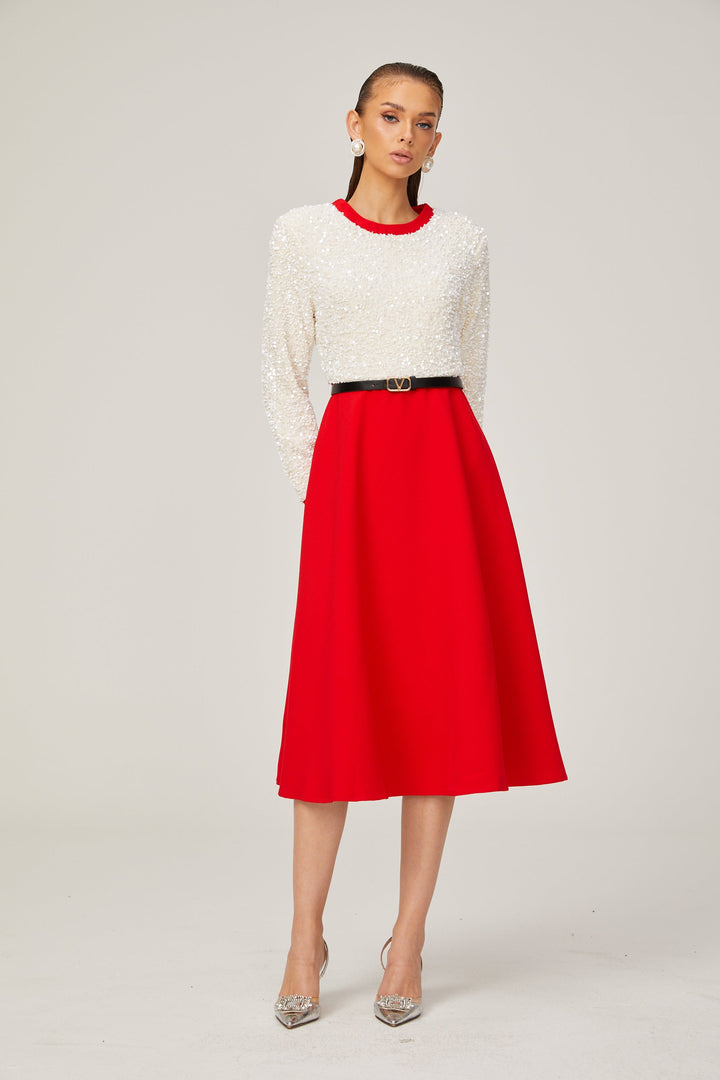 Levoire | Chloé Rouge Manches Longues Paillettes Patchwork Midi Robe